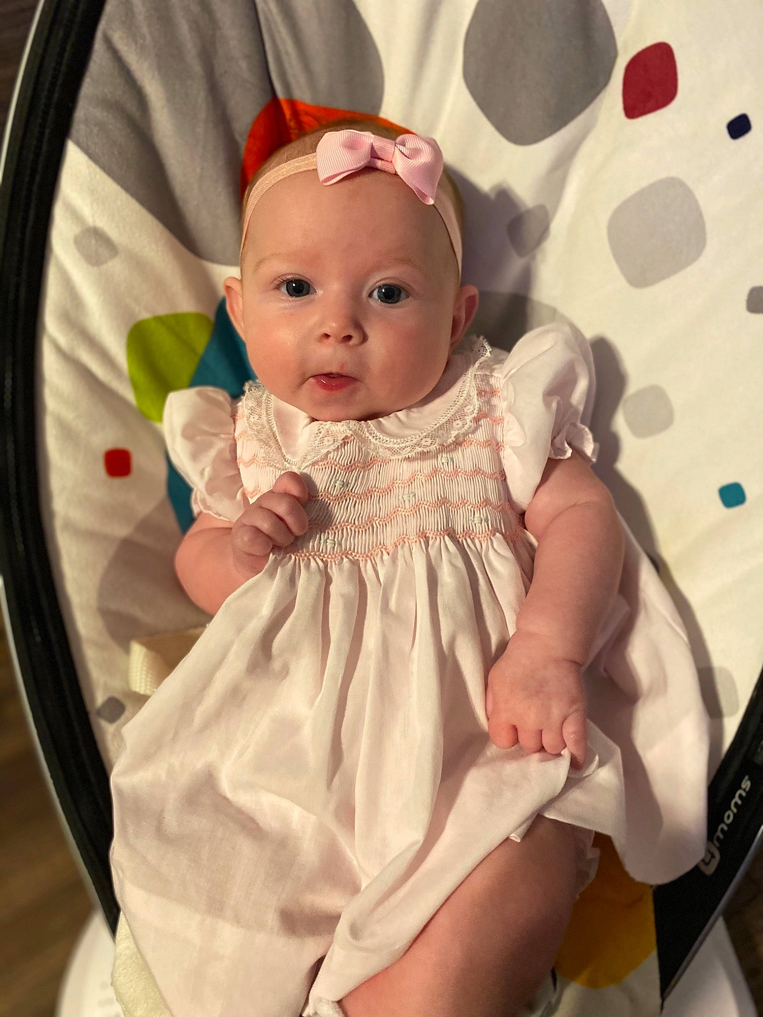Mckinlee is registered to the contest to win money with this photo: baby, baby_products, cheek, child, dress, eye, head, infant_bed, person, pink, product, skin, toddler