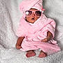 baby, pink, towel, sunglasses, blanket, infant, cute, face, headwear, foot, hand, relaxed, soft, wrapped, child, portrait, indoors, cozy, accessory, fashion