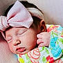 baby, newborn, sleeping, headband, bow, pink, blanket, floral, colorful, hand, face, soft, cute, infant, portrait, skin, rest, peaceful, lying, closeup