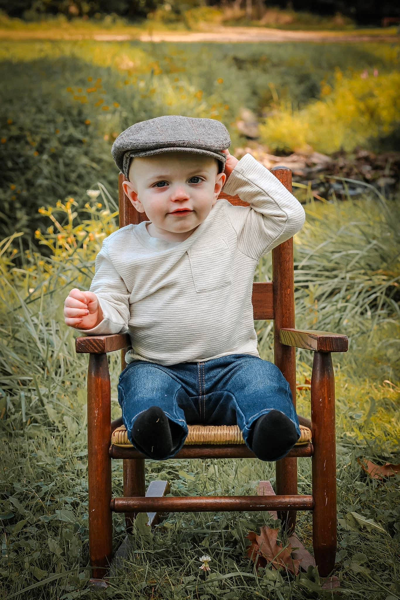 Declan joined the competition — help win amazing prizes! baby, baby_toddler_clothing, cap, chair, child, flash_photography, fun, grass, grass_family, hand, happy, headwear, jeans, leaf, people_in_nature, person, plant, sitting, standing, toddler