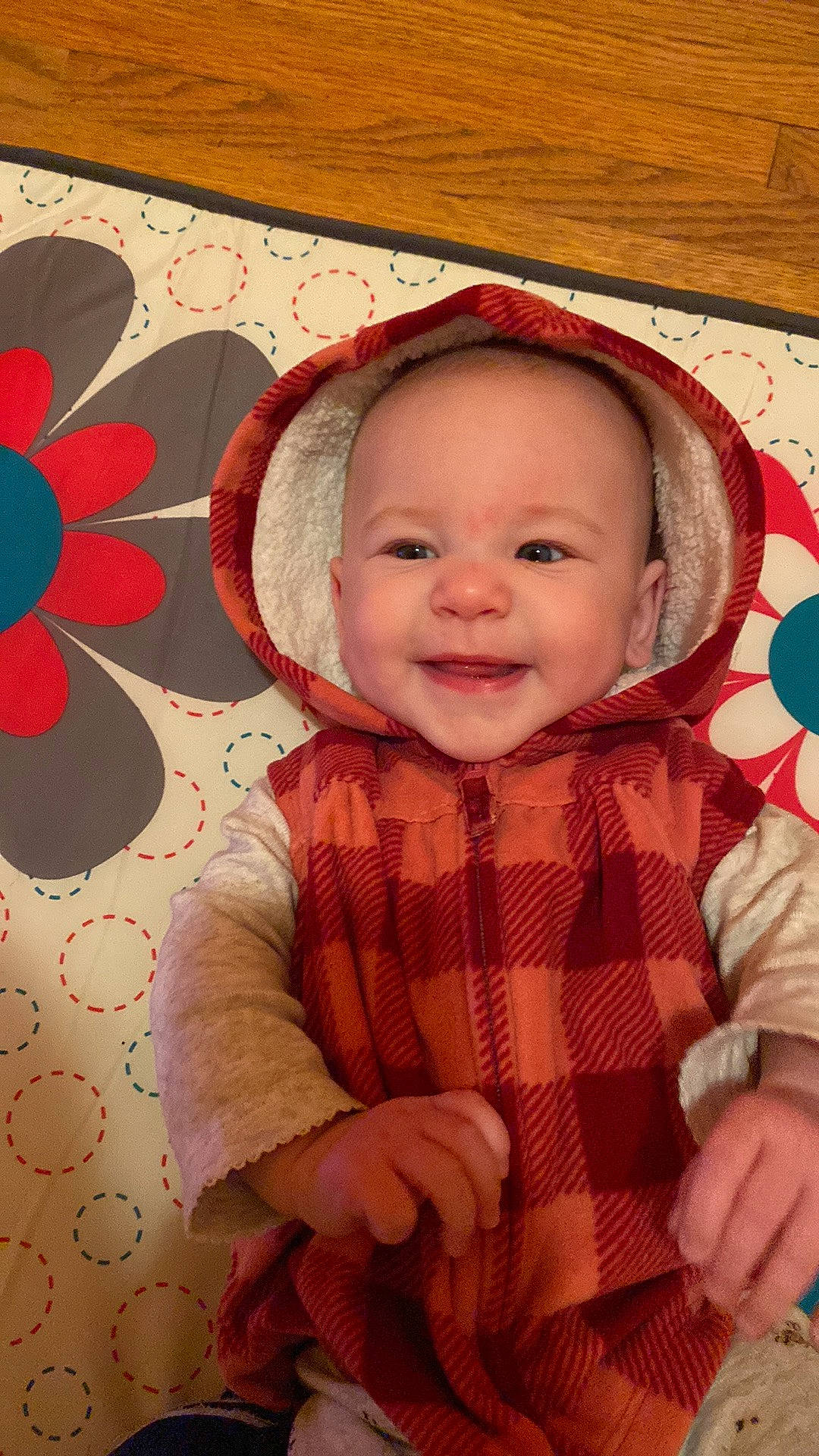 Charlotte is registered to the contest to win money with this photo: baby, baby_toddler_clothing, cheek, child, eye, face, happy, head, headgear, iris, joy, lip, pattern, person, pink, plaid, product, skin, sleeve, smile