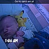 baby, infant, sleeping, bed, crib, blanket, pajamas, plush_toy, pikachu, pokemon, nursery, bedtime, night, blue_lighting, purple_lighting, portrait, face, hands, cozy, text_overlay