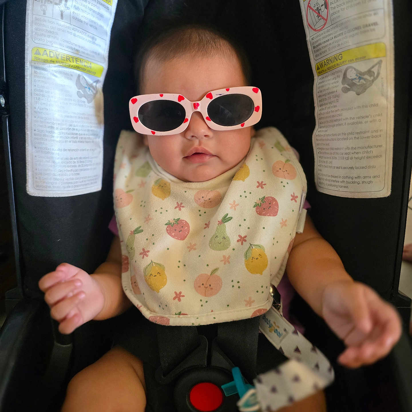 Andrea is registered to the contest to win money with this photo: baby, infant, sunglasses, bib, car_seat, child, cute, fashion, accessory, seatbelt, portrait, indoor, happy, small_hands, child_seat, safety, baby_clothes, headwear, relaxing, adorable