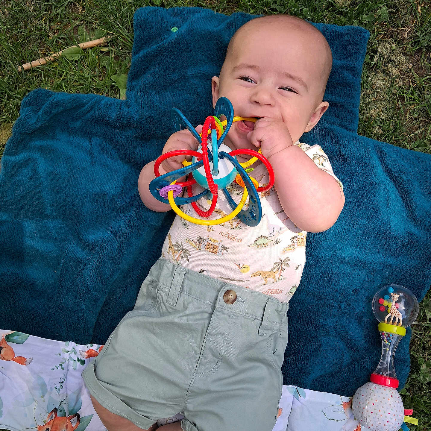 Gabriel participe au concours pour gagner de l'argent avec cette photo : baby, blanket, chewing, child, colorful, cute, fun, grass, happy, infant, lying_down, nature, outdoor, playing, relaxing, shirt, shorts, smiling, summer, toy