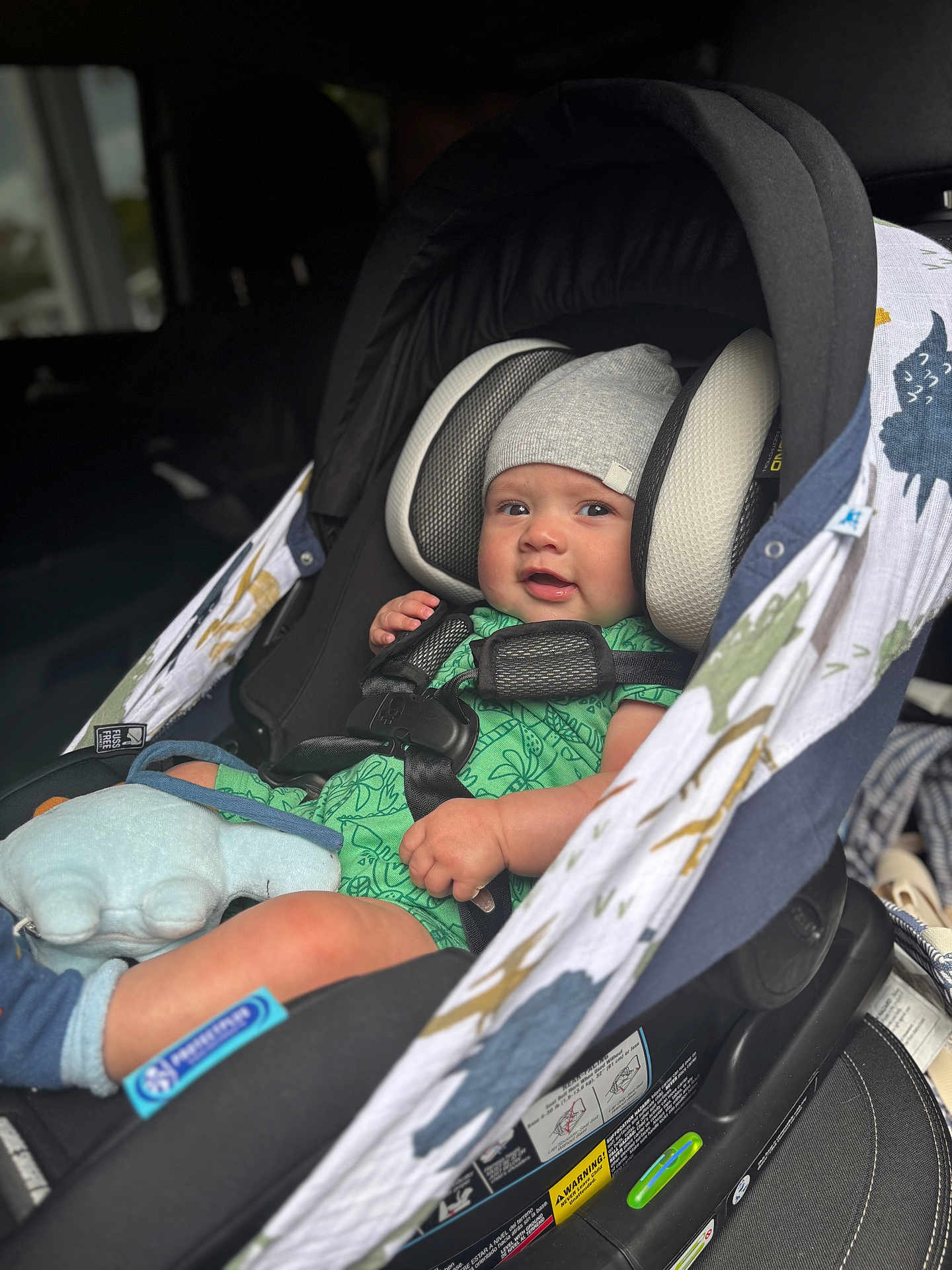Philippe is registered to the contest to win money with this photo: baby, infant, car_seat, harness, beanie, green_romper, sock, plush_toy, buckle, vehicle_interior, window, bokeh, portrait, child, sitting, closeup, headrest, patterned_cover, chubby_cheeks, cute