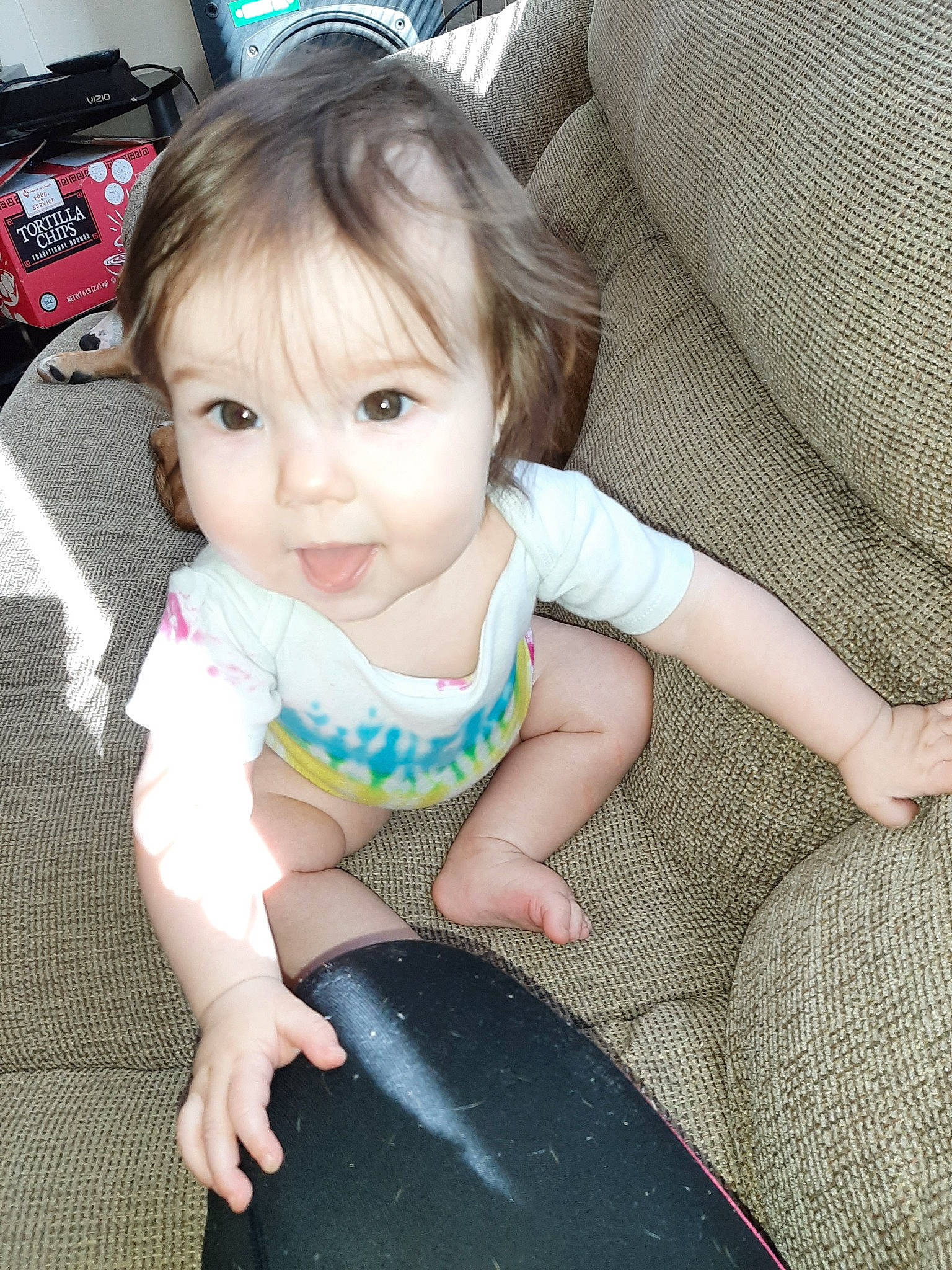 Amaryah joined the competition — help win amazing prizes! arm, baby, beauty, cheek, child, eye, face, finger, hand, head, iris, leg, person, play, sitting, skin, smile, technology, toddler