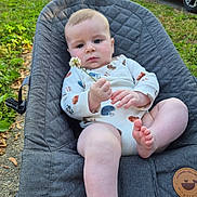 Casey is registered to the contest to win money with this photo: baby, baby_seat, car, casual_clothing, child, curious, cute, daytime, flower, foot, grass, greenery, hand, house, infant, nature, outdoor, sidewalk, sunlight, young