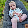 baby, baby_seat, car, casual_clothing, child, curious, cute, daytime, flower, foot, grass, greenery, hand, house, infant, nature, outdoor, sidewalk, sunlight, young