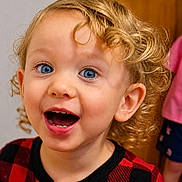 Mason is registered to the contest to win money with this photo: toddler, child, curly_hair, blue_eyes, red_checkered_clothing, indoor, portrait, happy, excited, face, person, smiling, young_child, expression, cute, curly_blonde_hair, background, wooden_door, clothing, people