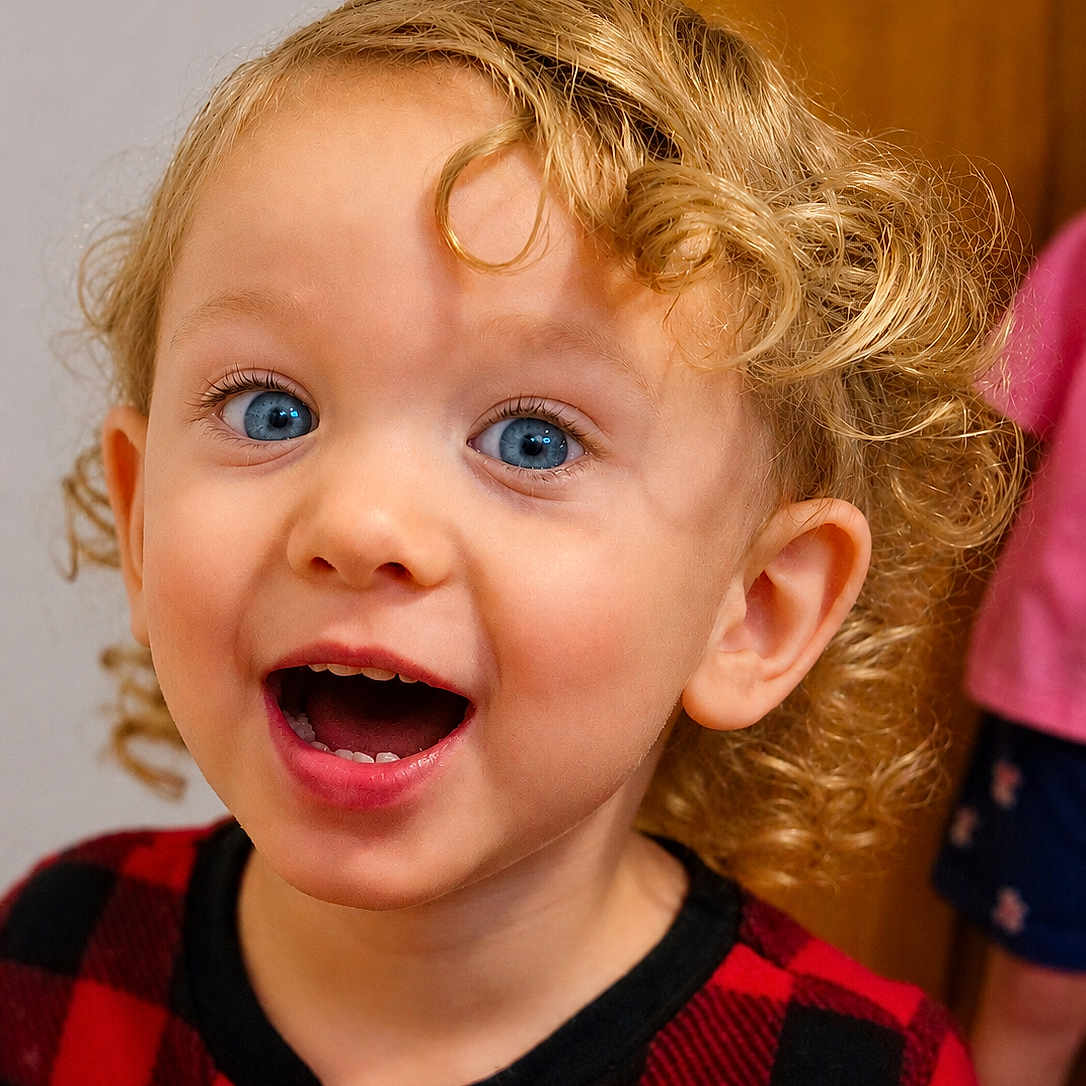Mason is registered to the contest to win money with this photo: toddler, child, curly_hair, blue_eyes, red_checkered_clothing, indoor, portrait, happy, excited, face, person, smiling, young_child, expression, cute, curly_blonde_hair, background, wooden_door, clothing, people