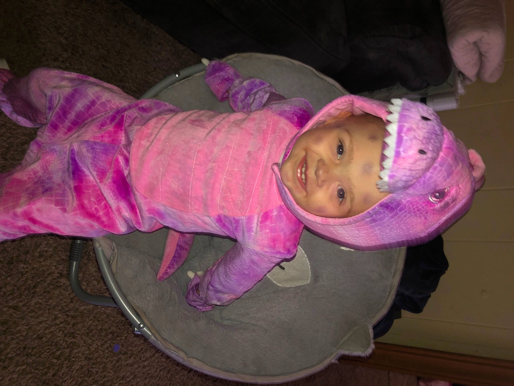 Frankie is registered to the contest to win money with this photo: baby, baby_products, baby_toddler_clothing, cheek, child, fun, headgear, headwear, joy, magenta, person, pink, purple, sleeve, toddler