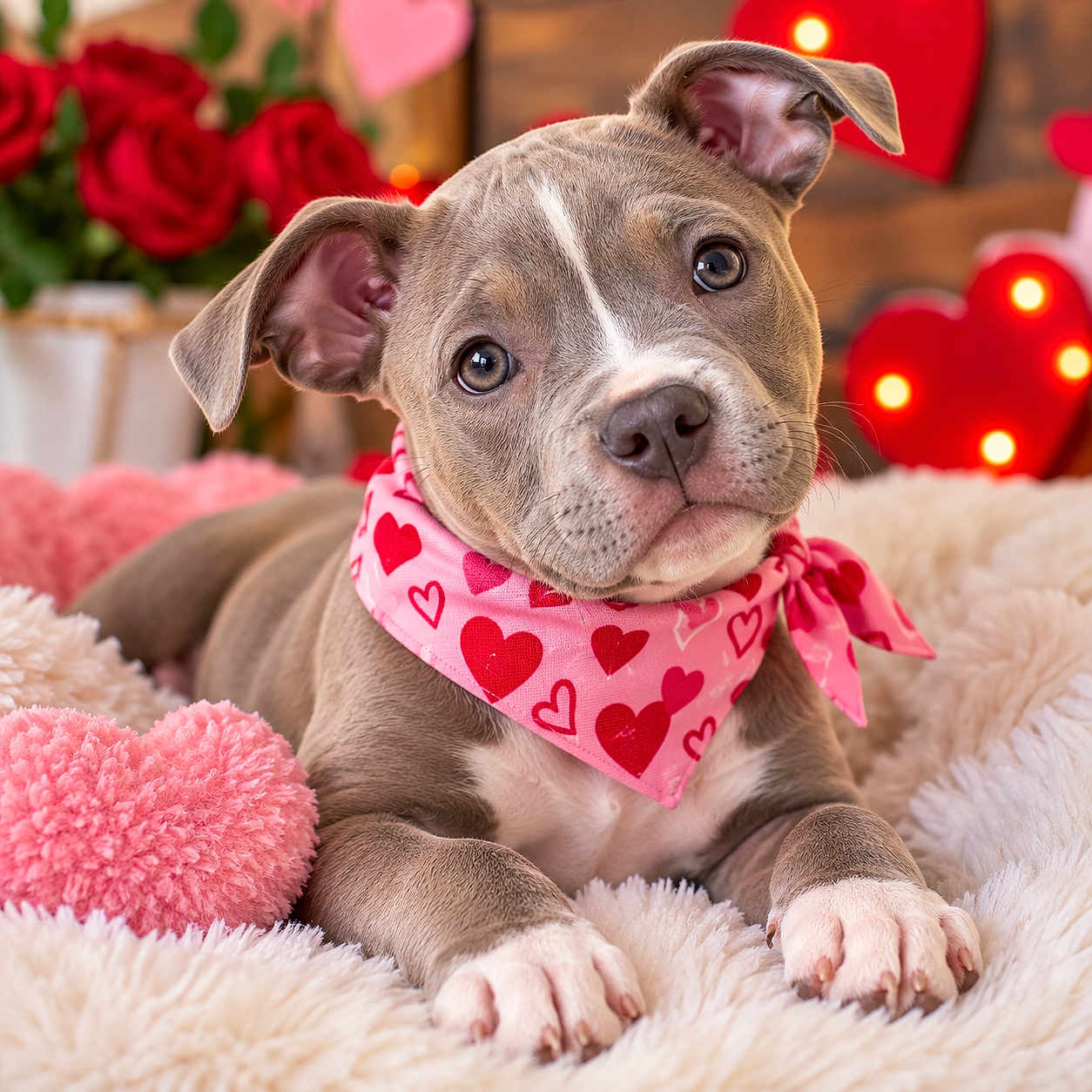 Nerelys Valladares is registered to the contest to win money with this photo: puppy, dog, pit_bull, pet, portrait, close_up, sitting, lying_down, wide_eyed, head_tilt, floppy_ears, heart_bandana, valentines_day, roses, red_hearts, blanket, fluffy, indoor, cute, animal