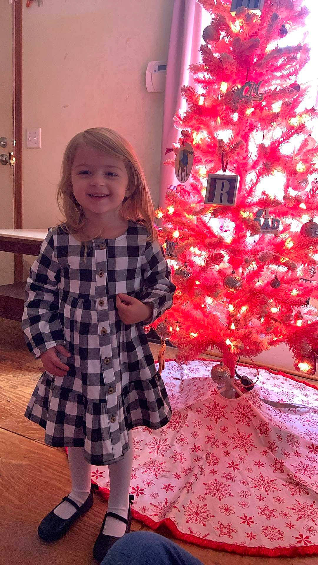 Lisa joined the competition — help win amazing prizes! baby_toddler_clothing, christmas_decoration, christmas_ornament, christmas_tree, facial_expression, fun, happy, holiday_ornament, joy, ornament, pattern, people, person, pink, plaid, red, sleeve, smile, standing, tartan