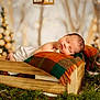 newborn, baby, sleeping, blanket, wooden_bed, plaid_scarf, greenery, holiday_lights, bokeh, festive, cozy, portrait, indoor, decor, peaceful, infant, soft_light, cute, resting, warm