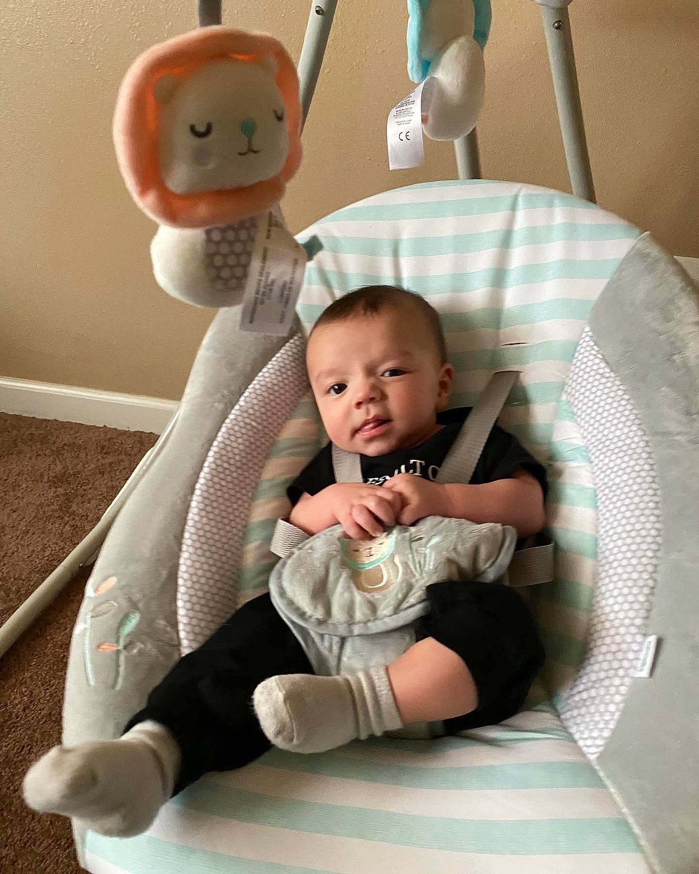 Paxton is registered to the contest to win money with this photo: baby, baby_products, baby_toddler_clothing, baby_toys, chair, child, comfort, design, foot, lap, person, plush, product, room, sitting, sock, stuffed_toy, textile, toddler, toy