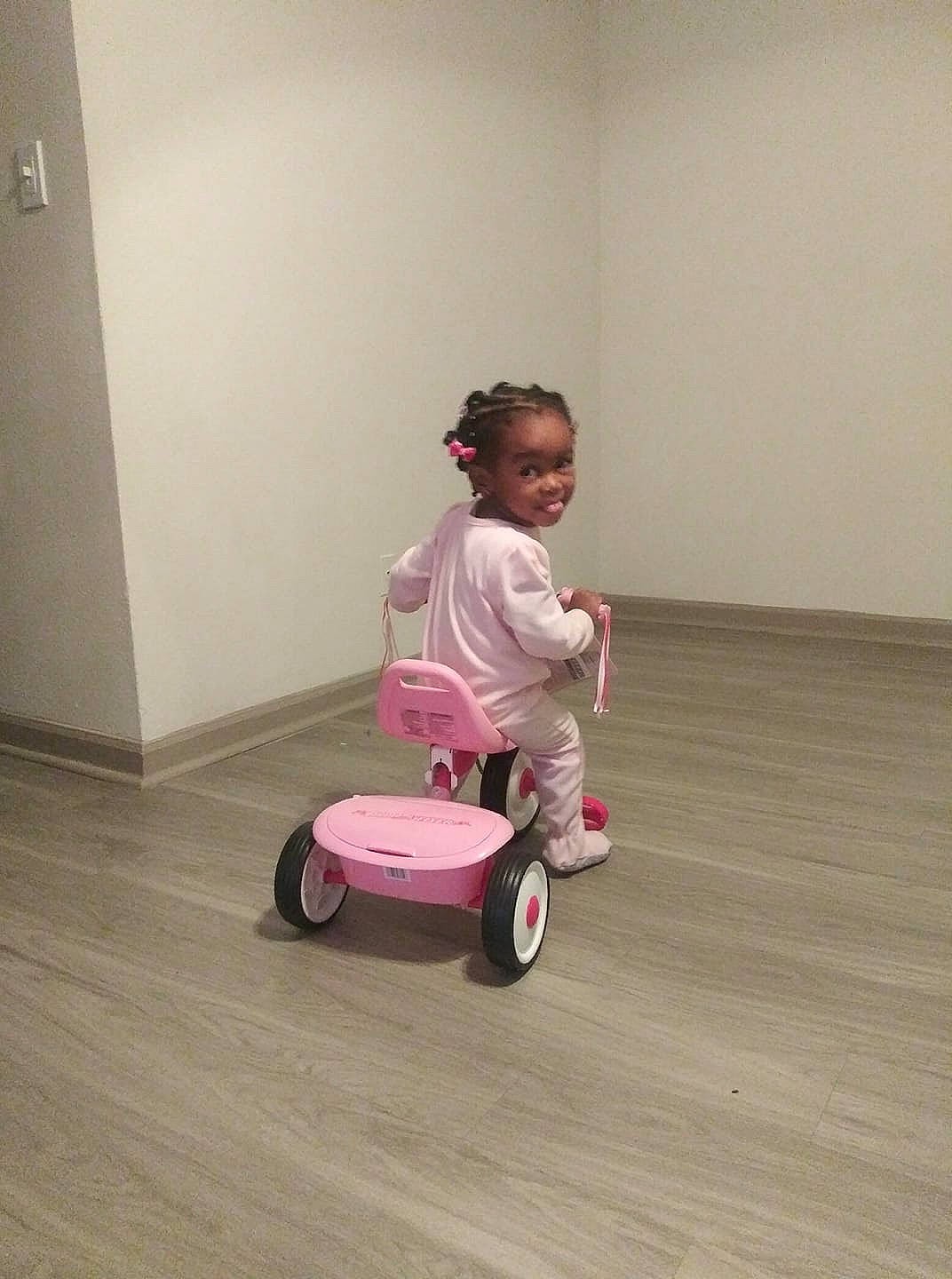 Jackie joined the competition — help win amazing prizes! child, floor, flooring, fun, hardwood, joy, person, pink, play, toddler, vehicle, wood, wood_flooring