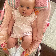 Lucy-Belle is registered to the contest to win money with this photo: baby, infant, child, pink, dress, socks, blanket, baby_chair, carpet, indoor, cute, portrait, person, soft_toys, comfort, floor, carpet_pattern, resting, young_child, curious
