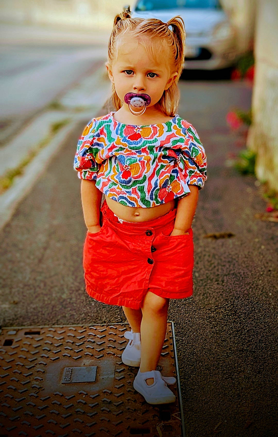 Louna participe au concours pour gagner de l'argent avec cette photo : asphalt, child, cool, dress, eyewear, face, happy, lip, people, people_in_nature, person, shorts, skin, sleeve, smile, standing, summer, t_shirt, thigh, toddler