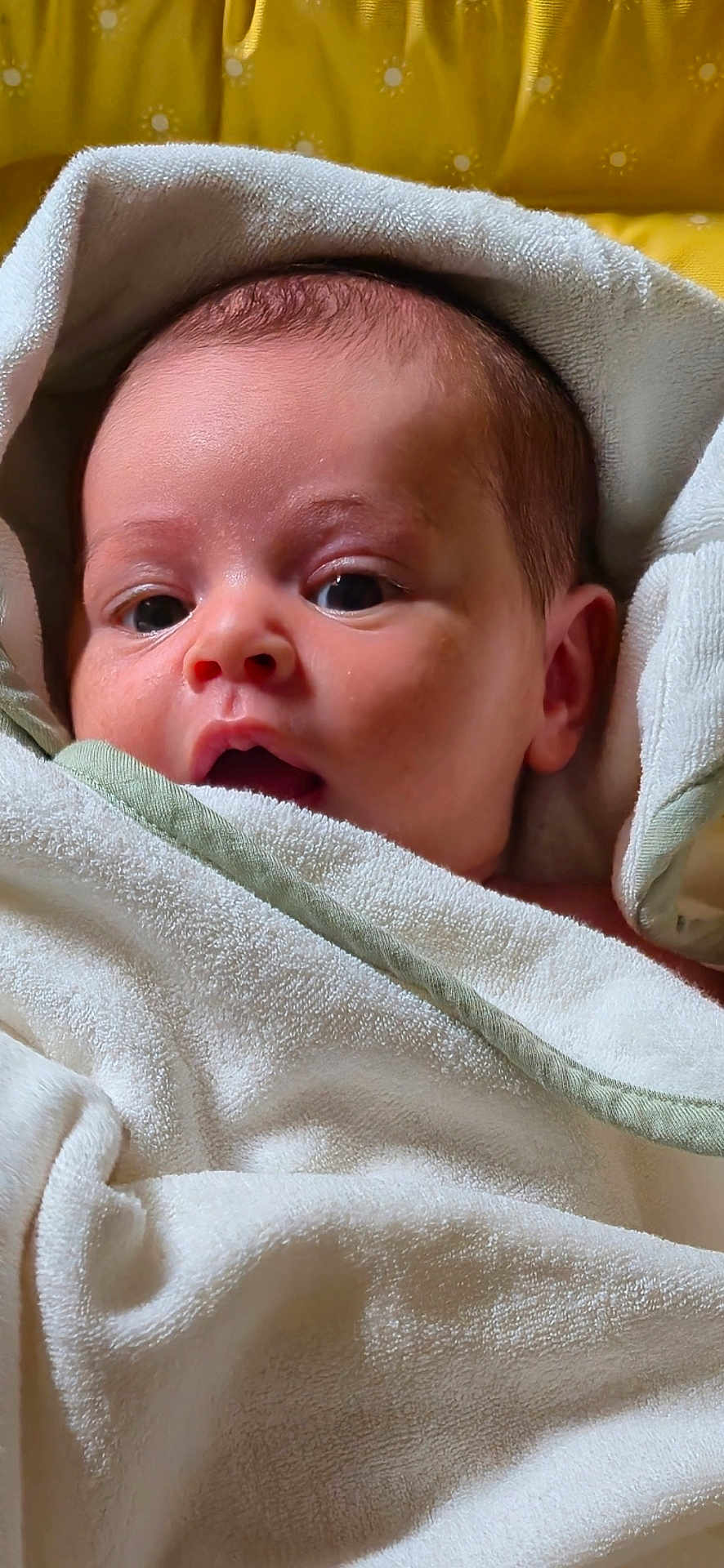 Ilina a rejoint le concours — aidez-le/la à gagner de superbes lots ! baby, infant, face, towel, wrapped, closeup, skin, head, eyes, mouth, newborn, soft, texture, blanket, indoors, portrait, cute, young, child, warm
