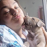 Abyss participe au concours pour gagner de l'argent avec cette photo : person, puppy, dog, indoor, cuddle, face, smile, happy, cute, affection, love, shirt, blue, tattoo, hand, wall, mirror, emojis, text_overlay, pet