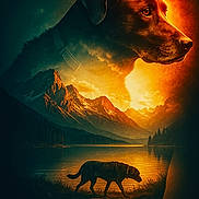 Kiki participe au concours pour gagner de l'argent avec cette photo : dog, double_exposure, mountains, lake, sunset, nature, animal, silhouette, landscape, outdoor, forest, water, reflection, sky, clouds, collar, wildlife, scenic, evening, peaceful