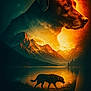 dog, double_exposure, mountains, lake, sunset, nature, animal, silhouette, landscape, outdoor, forest, water, reflection, sky, clouds, collar, wildlife, scenic, evening, peaceful