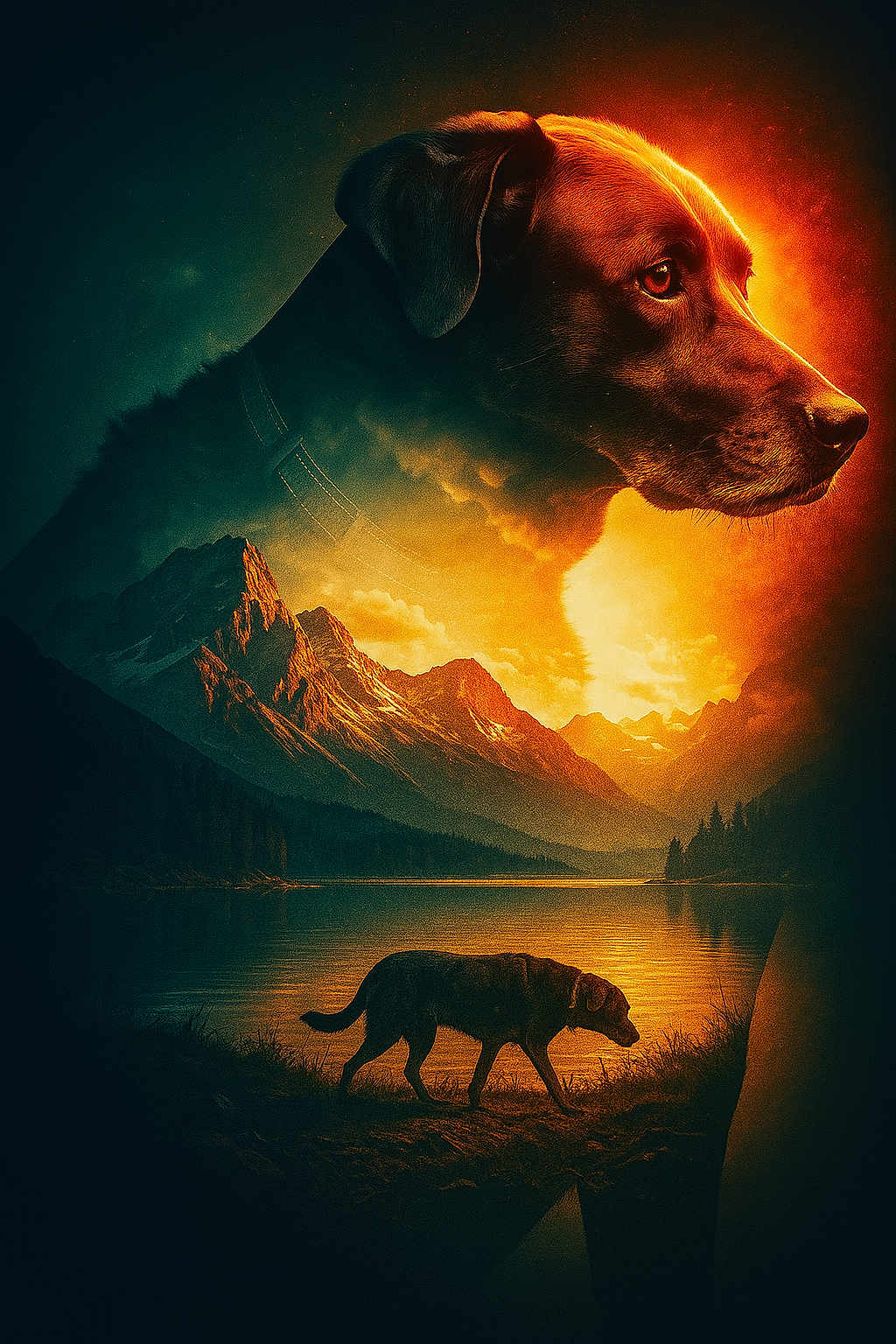 Kiki participe au concours pour gagner de l'argent avec cette photo : dog, double_exposure, mountains, lake, sunset, nature, animal, silhouette, landscape, outdoor, forest, water, reflection, sky, clouds, collar, wildlife, scenic, evening, peaceful