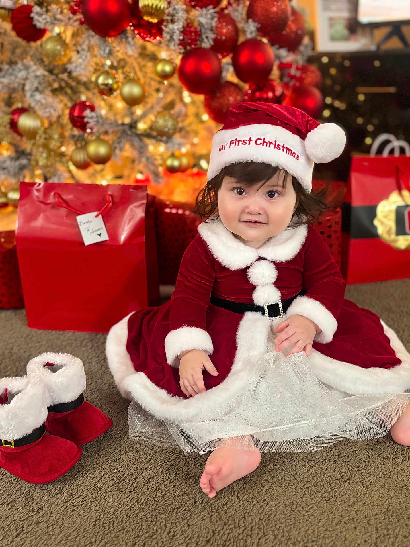 Adhara is registered to the contest to win money with this photo: toddler, child, christmas, holiday, santa_hat, red_dress, festive_clothing, gift_bags, christmas_tree, ornaments, carpet, indoor, celebration, holiday_decorations, cute, smiling, portrait, festive_boots, holiday_spirit, seasonal