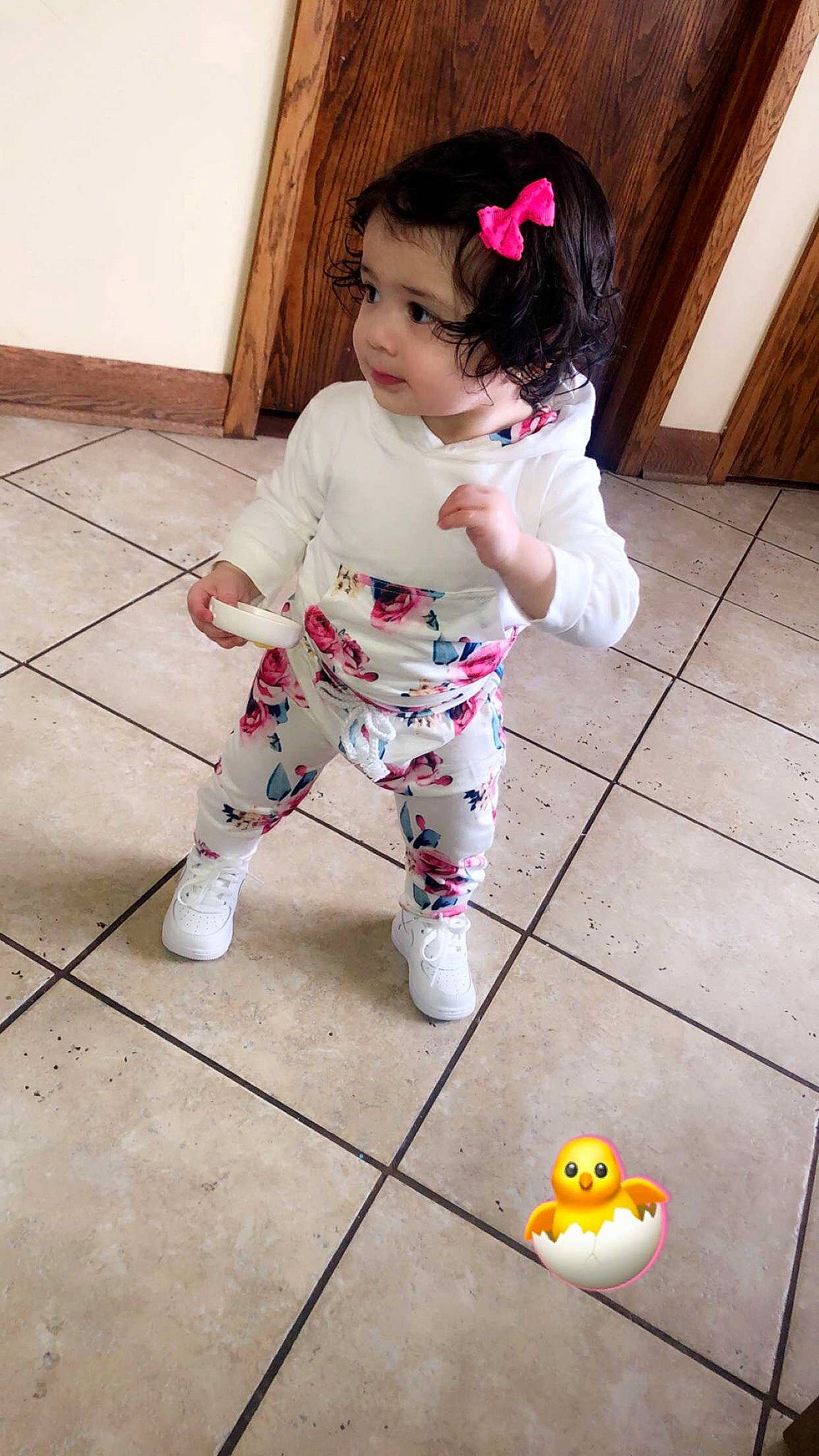 Violet is registered to the contest to win money with this photo: baby, baby_toddler_clothing, child, floor, flooring, person, play, sleeve, toddler