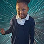 child, girl, smile, peace_sign, hair_bow, school_uniform, cardigan, pleated_skirt, white_shirt, portrait, standing, happy, dark_skin, earrings, background, starburst, space_effect, casual_pose, front_view, young