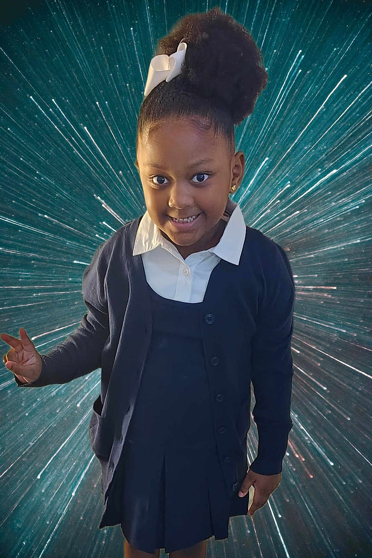Kaidence is registered to the contest to win money with this photo: child, girl, smile, peace_sign, hair_bow, school_uniform, cardigan, pleated_skirt, white_shirt, portrait, standing, happy, dark_skin, earrings, background, starburst, space_effect, casual_pose, front_view, young