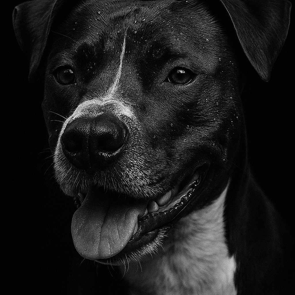 Odin a rejoint le concours — aidez-le/la à gagner de superbes lots ! animal, black_and_white, canine, close_up, detailed, dog, domestic_animal, ears, expression, face, fur, happy, muzzle, pet, portrait, smiling, studio, texture, tongue_out, whiskers