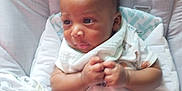 Bodhi joined the competition — help win amazing prizes! baby, infant, onesie, bib, baby_seat, cushion, blanket, bottle, clothing, person, child, indoors, cute, hands, skin, face, sitting, young, expression, soft