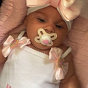 Romani joined the competition — help win amazing prizes! baby, infant, pacifier, pink_bow, headband, white_outfit, pink_bows, blanket, soft_texture, child, cute, sleepy, lying_down, closeup, face, newborn, mummy, girl, adorable, portrait