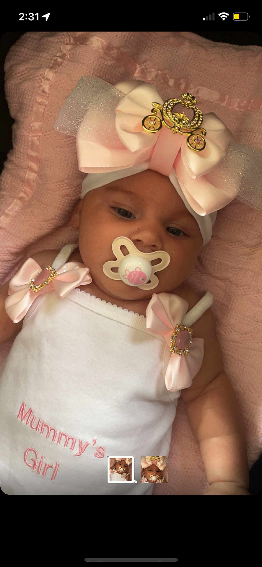 Romani joined the competition — help win amazing prizes! baby, infant, pacifier, pink_bow, headband, white_outfit, pink_bows, blanket, soft_texture, child, cute, sleepy, lying_down, closeup, face, newborn, mummy, girl, adorable, portrait