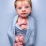 Warren is registered to the contest to win money with this photo: baby, infant, wrapped, blue_blanket, newborn, feet, hands, curious, wide_eyes, soft_texture, portrait, cute, child, studio_lighting, skin, expression, small_toes, cozy, lying_down, human