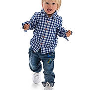 Dawson is registered to the contest to win money with this photo: toddler, child, blonde_hair, blue_checkered_shirt, jeans, dinosaur_patch, white_sneakers, walking, studio_photo, white_background, happy, curious, full_body, casual_clothing, cute, portrait, active, young_child, fashion, smiling