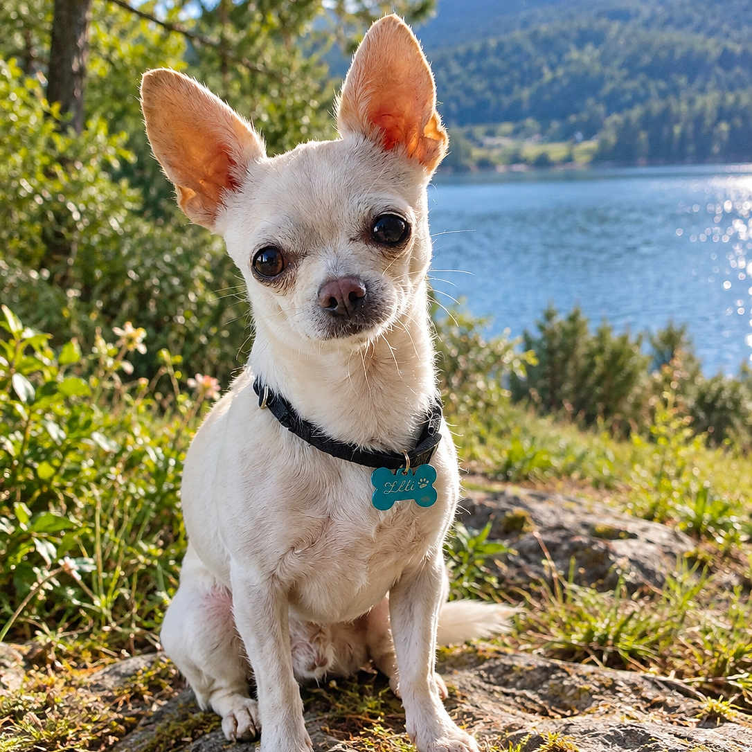 Corinne Saulnier a rejoint le concours — aidez-le/la à gagner de superbes lots ! dog, chihuahua, pet, animal, portrait, outdoor, nature, lake, mountain, forest, rock, sunlight, white_fur, large_ears, collar, dog_tag, sitting, landscape, scenic, travel