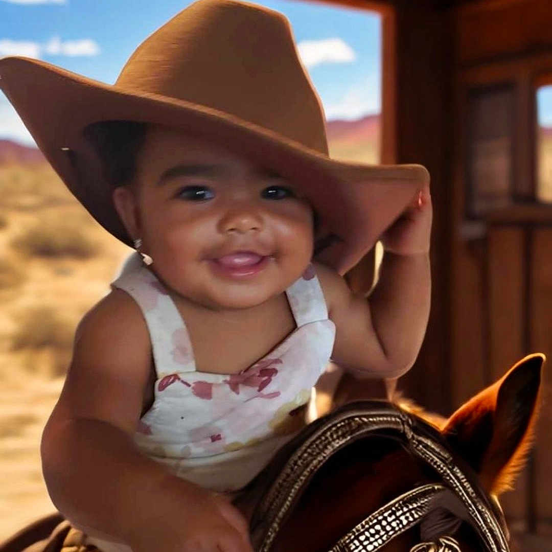 Aria joined the competition — help win amazing prizes! animal, baby, clothing, colthorse, costume, cowboyhat, equestrian, face, happy, hat, head, horse, horsebackriding, leisureactivities, outdoors, person, photography, portrait, smile, sunhat
