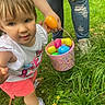 bucket, celebration, child, clothing, colorful, easter_eggs, event, family, footwear, grass, happy, holding, nature, outdoor, person, play, spring, summer, toddler, toy