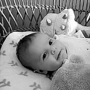 Hector a rejoint le concours — aidez-le/la à gagner de superbes lots ! baby, infant, wicker_basket, plush_toy, stuffed_animal, pacifier, blanket, pillow, closeup, portrait, smiling, eyes, lying_down, nursery, soft_texture, black_and_white, monochrome, crib, head, cozy