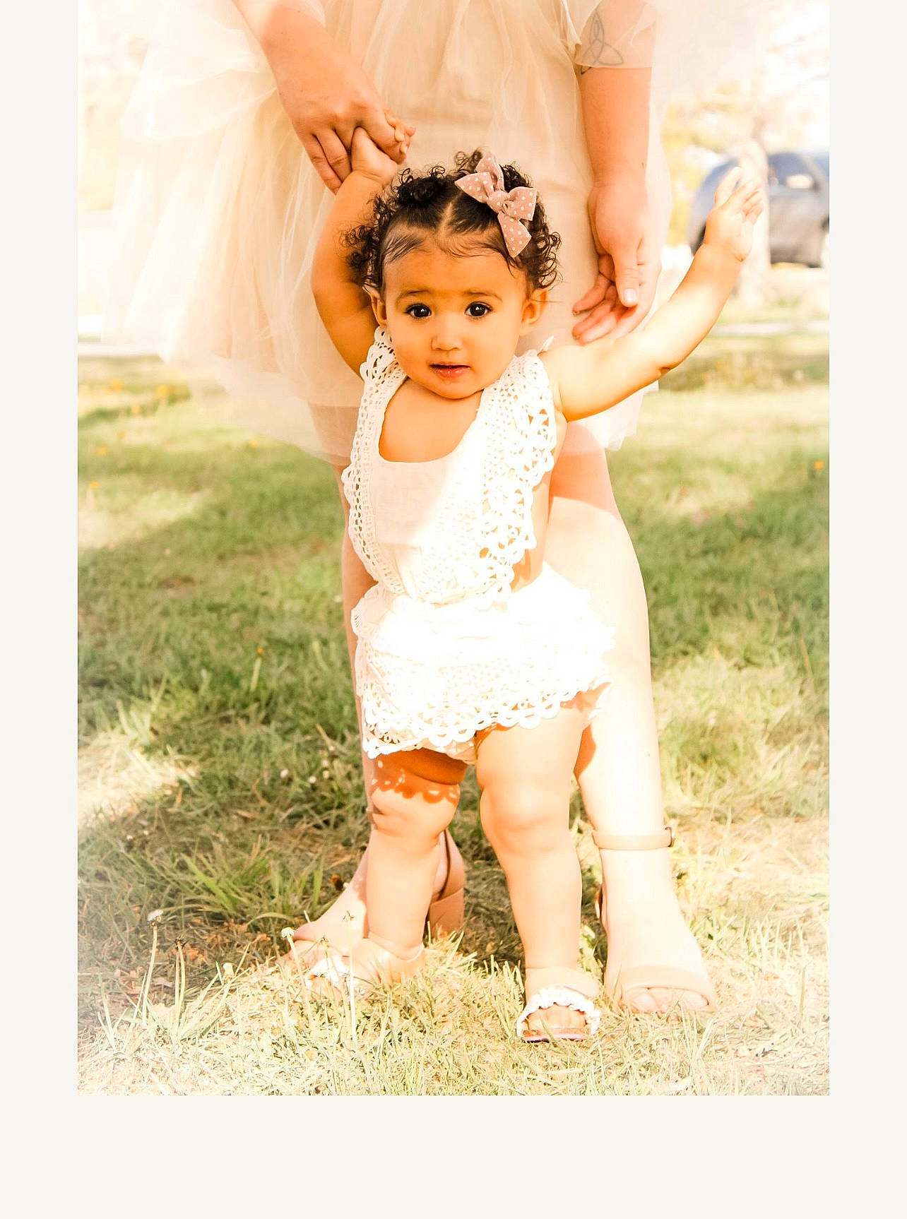 Willow joined the competition — help win amazing prizes! arm, baby, barefoot, dress, flash_photography, fun, gesture, grass, hand, happy, head, human_body, human_leg, people_in_nature, person, pink, skin, sleeve, standing, toddler