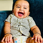 Veer is registered to the contest to win money with this photo: baby, blue_couch, bright, child, couch, cute, diaper, face, hands, happy, indoor, infant, joyful, person, plump_arms, portrait, sitting, smiling, striped_shirt, young_child