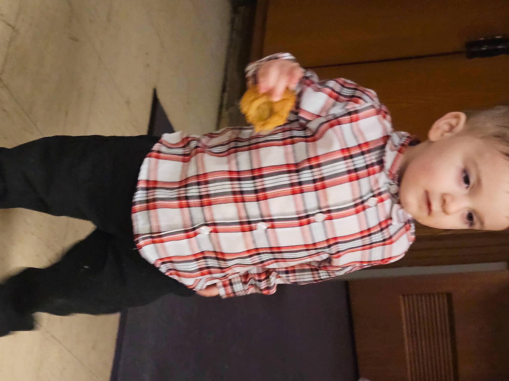 Bentley is registered to the contest to win money with this photo: baby, baby_toddler_clothing, comfort, dress_shirt, elbow, flooring, fun, hardwood, human_leg, lap, linens, pattern, person, plaid, room, sitting, sleeve, tartan, textile, toddler