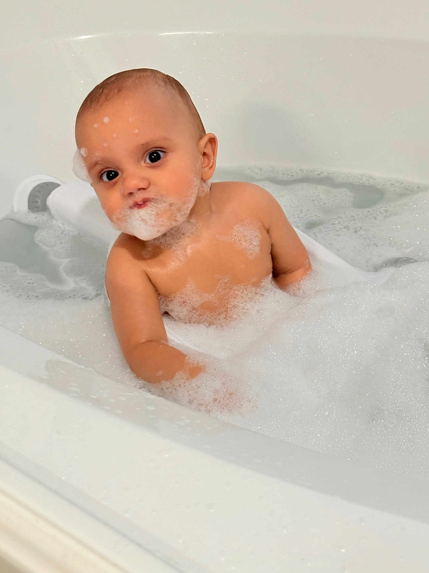 Gian joined the competition — help win amazing prizes! baby, bath, bathtub, bubbles, foam, child, water, skin, cute, clean, playful, young, sitting, indoors, head, face, wet, bubble_beard, bath_time, infant