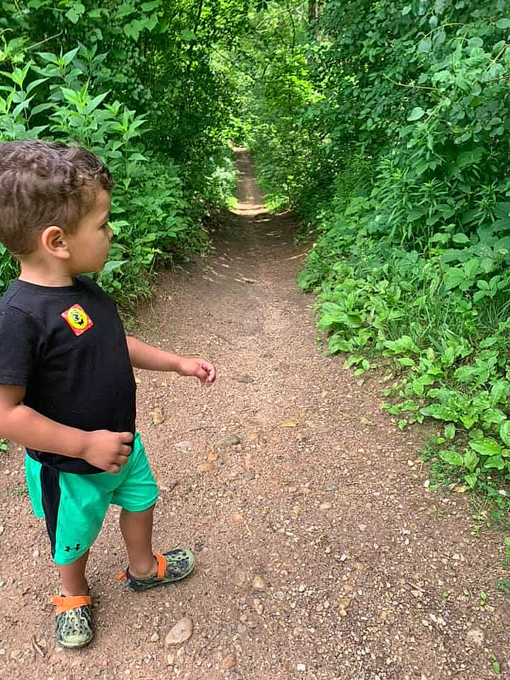 Johnathon is registered to the contest to win money with this photo: asphalt, forest, grass, grass_family, groundcover, landscape, leaf, leisure, people_in_nature, person, plant, recreation, road, sandal, shrub, terrestrial_plant, toddler, trail, tree, woodland