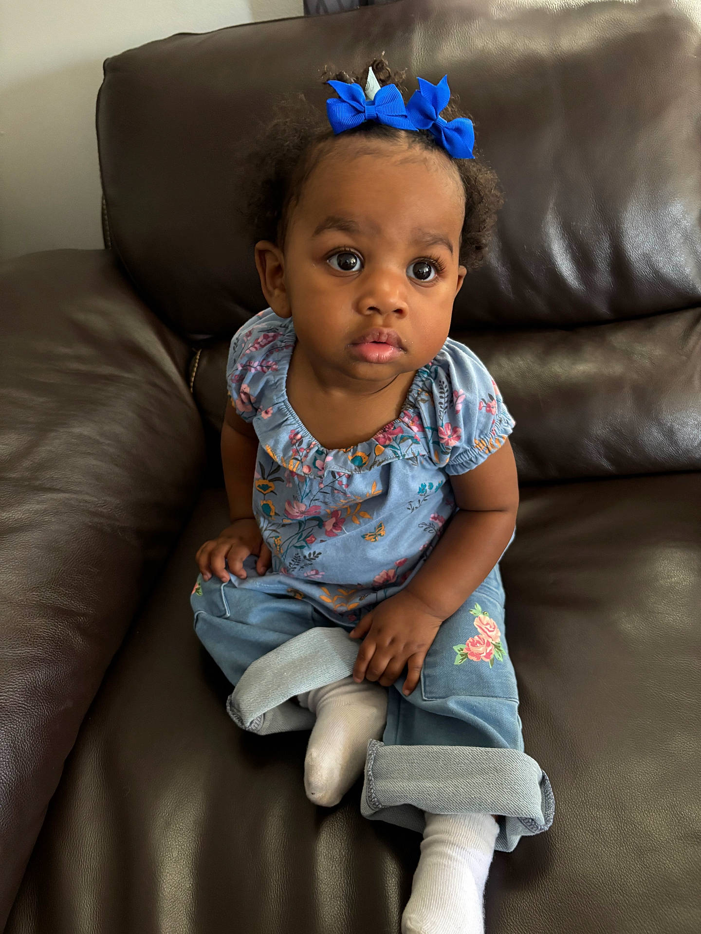 baby, blue_bow, casual_clothing, child, closeup, curious, curly_hair, cute, floral_top, home, indoor, jeans, leather_couch, person, portrait, sitting, small_child, toddler, white_socks, young_child