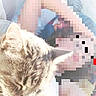 cat, sleeping, feline, pet, closeup, indoor, soft_light, blurred_background, stuffed_animal, person, pixelated, resting, cozy, fur, animal, domestic_cat, relaxation, comfort, portrait, cute