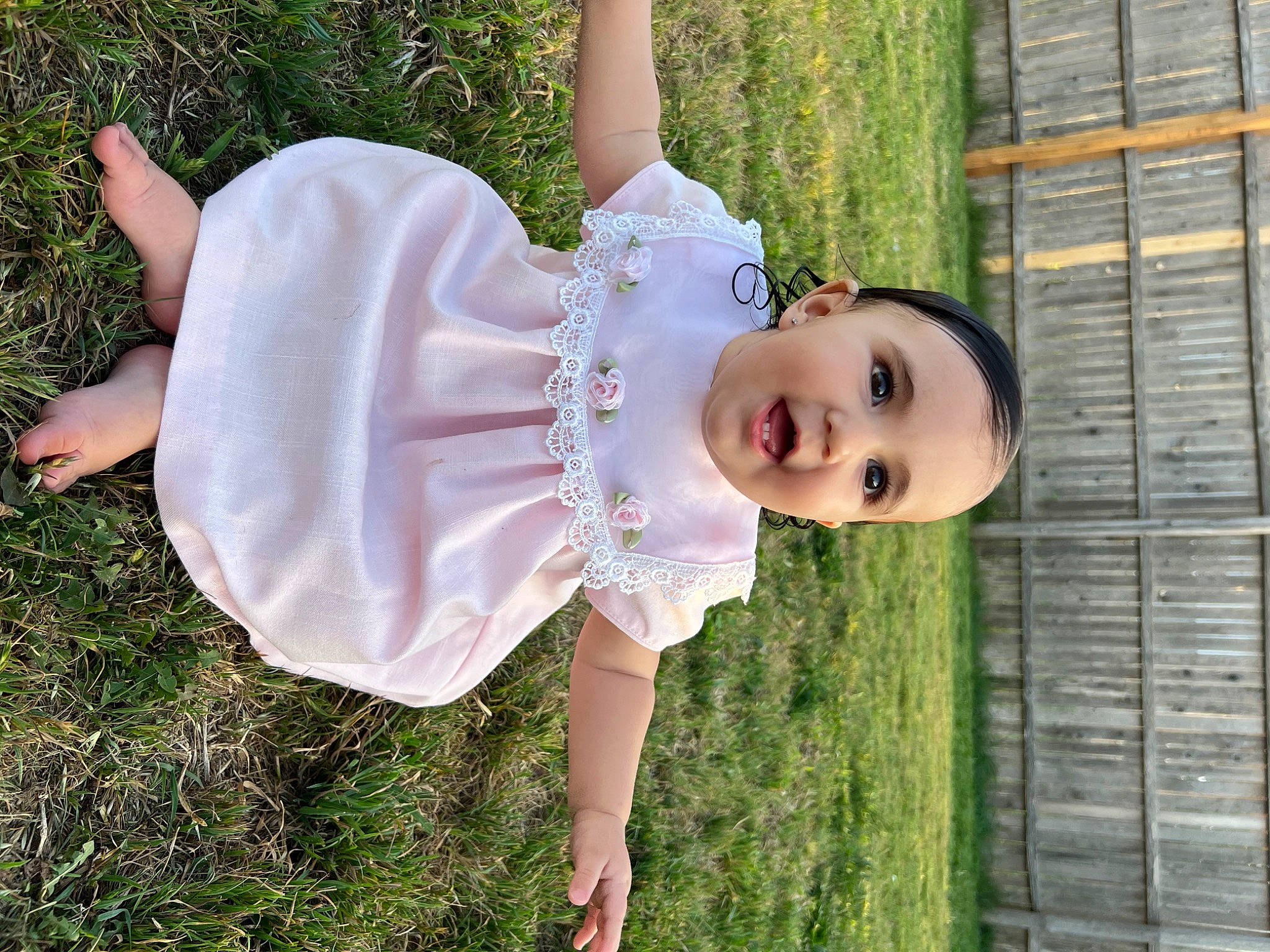 Valentina is registered to the contest to win money with this photo: baby_toddler_clothing, child, dress, face, facial_expression, flash_photography, fun, grass, grass_family, grassland, green, happy, human_body, leisure, people_in_nature, person, pink, plant, skin, smile