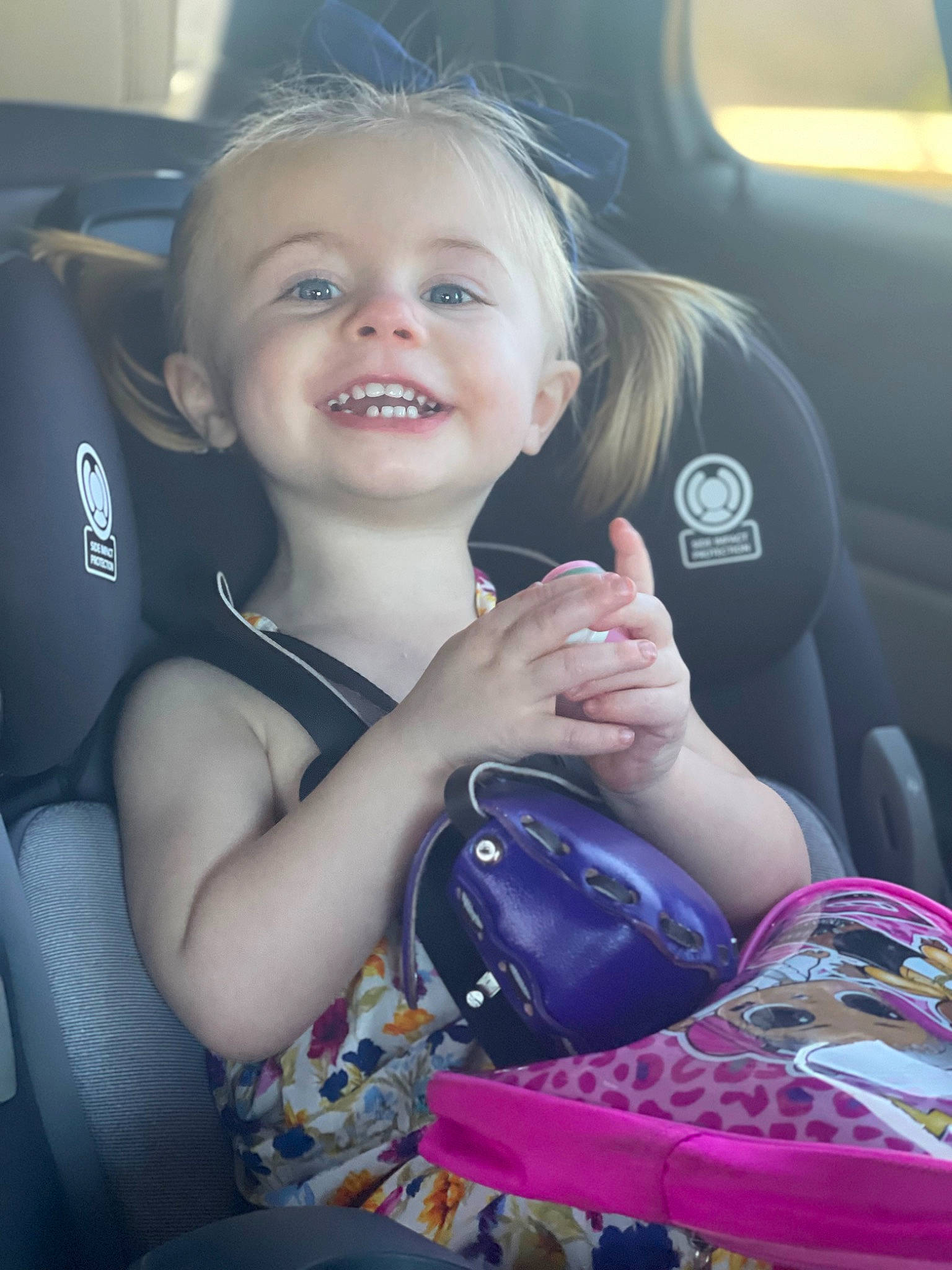 Charleigh joined the competition — help win amazing prizes! car_seat, car_seat_cover, cool, facial_expression, finger, gesture, hairstyle, hand, happy, head_restraint, joy, motor_vehicle, mouth, person, seat_belt, skin, smile, steering_part, steering_wheel, thumb